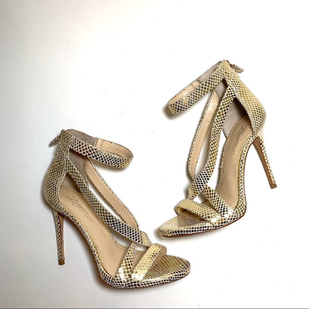Vince Camuto Devin 2 Gold Sequin Stiletto Heel Leather Sandal Ankle Strap Sz 6